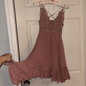 FP One Adella Crocheted Lace Slip Dress in Dusty Rose Boho-Chic